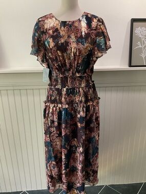 Eliza J Metallic Floral Midi Dress Size 12 Romantic Smocked Waist Flutter Sleeve